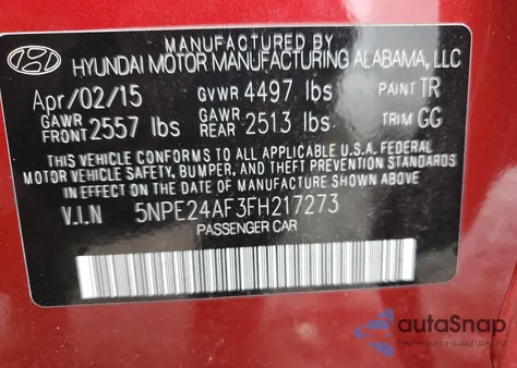 2015 Hyundai Sonata Se из США, поврежденный, VIN 5NPE24AF3FH217273